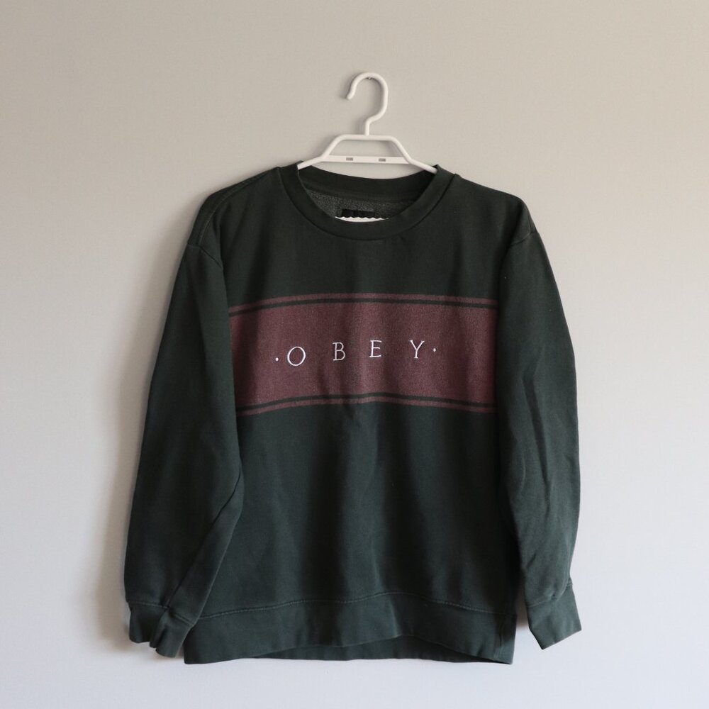 Obey Men's S Green Crewneck Graphic Pullover Long Sleeve Fleece Stretch Sweater‎